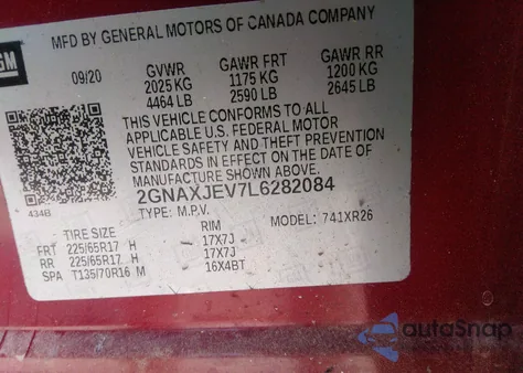 2020 Chevrolet Equinox Fwd 2Fl z USA, uszkodzony, nr VIN 2GNAXJEV7L6282084